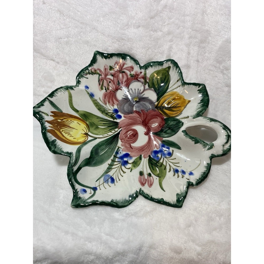 Vintage Italian Majolica Leaf Dish Hand Painted Nove Rose Tulip Floral Faience